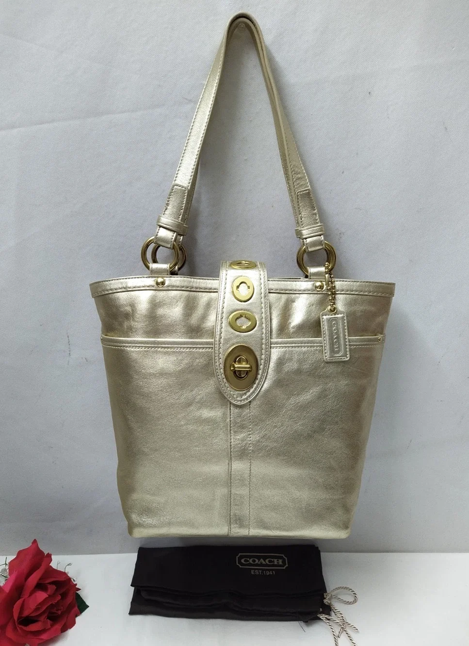 Coach Lily Metallic Gold Leather Limited Ed TurnLock Tote Bag - VTG